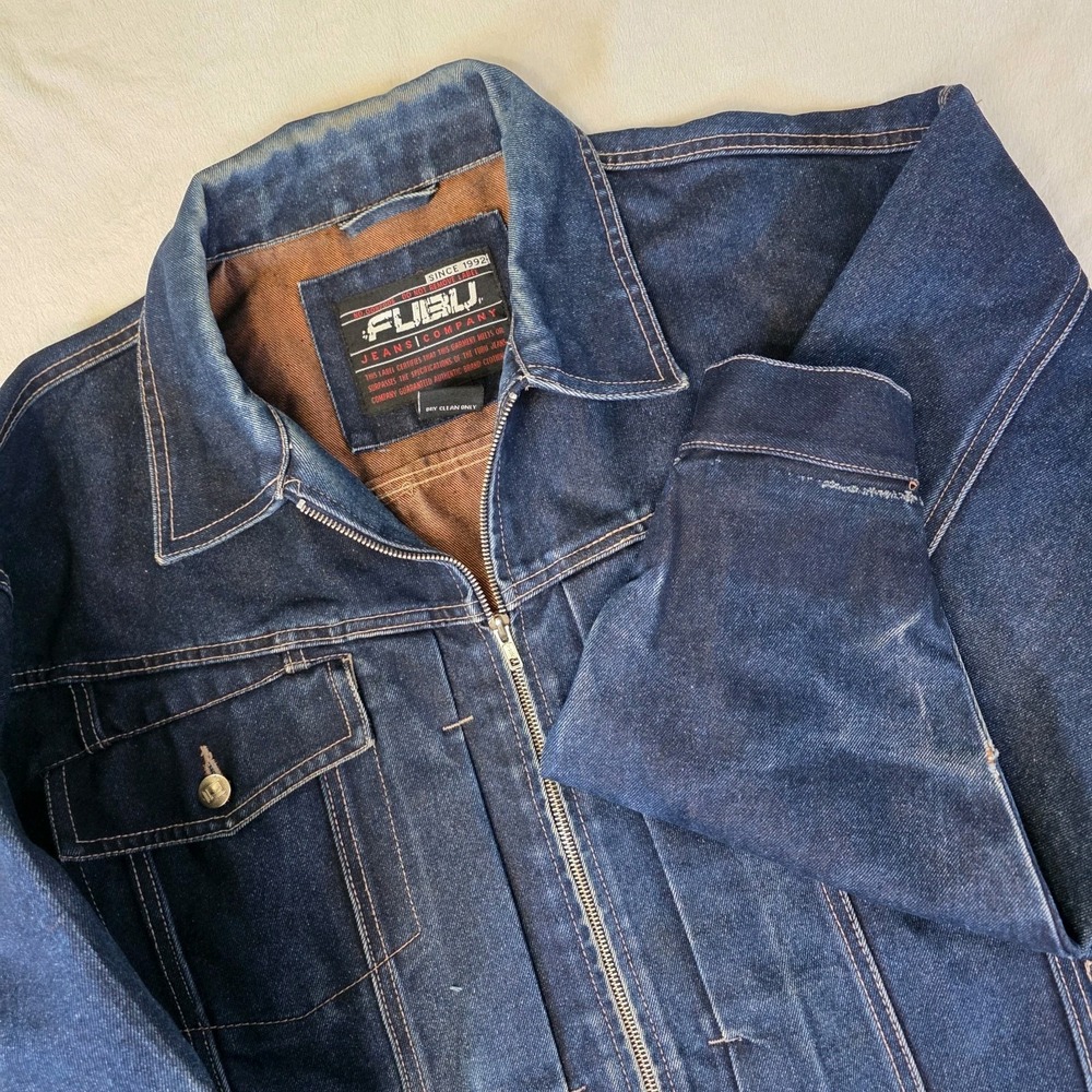 Vintage FUBU Denim‎ Jacket Mens XL Distressed Zip Up Y2K Streetwear 90s Hip Hop